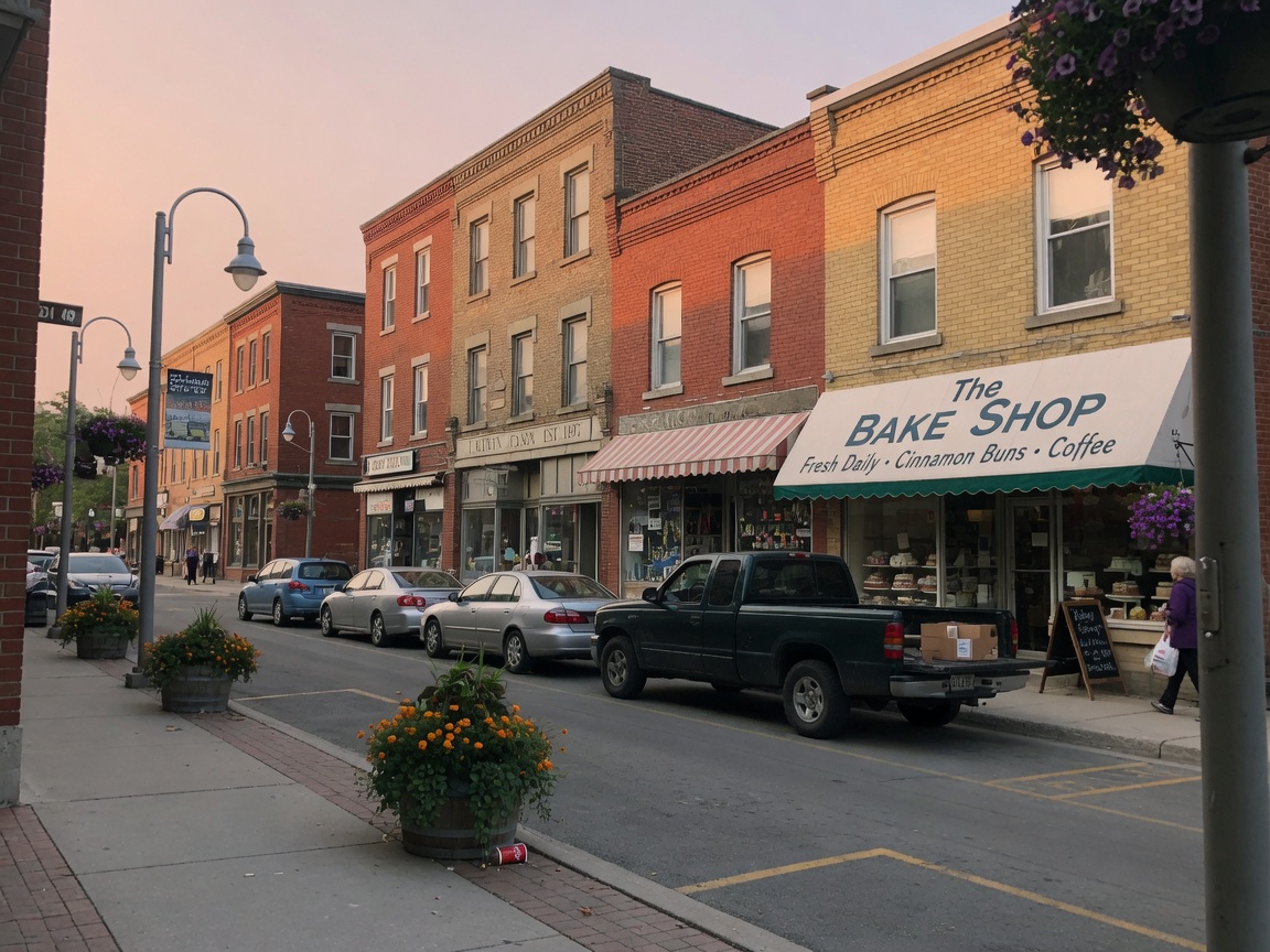 Historic storefronts and flower baskets along Bridge Street in Carleton Place