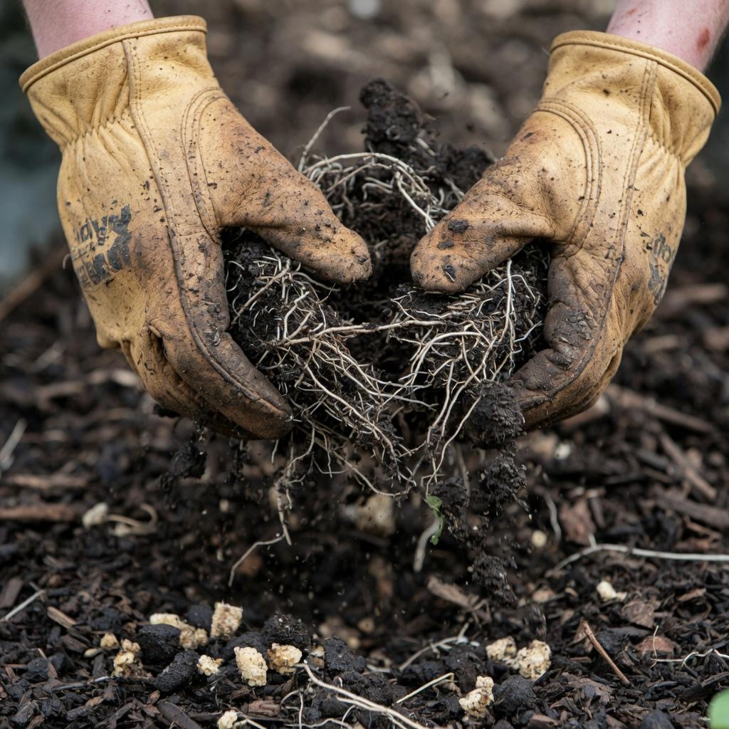 Work gloves and hands holding soil