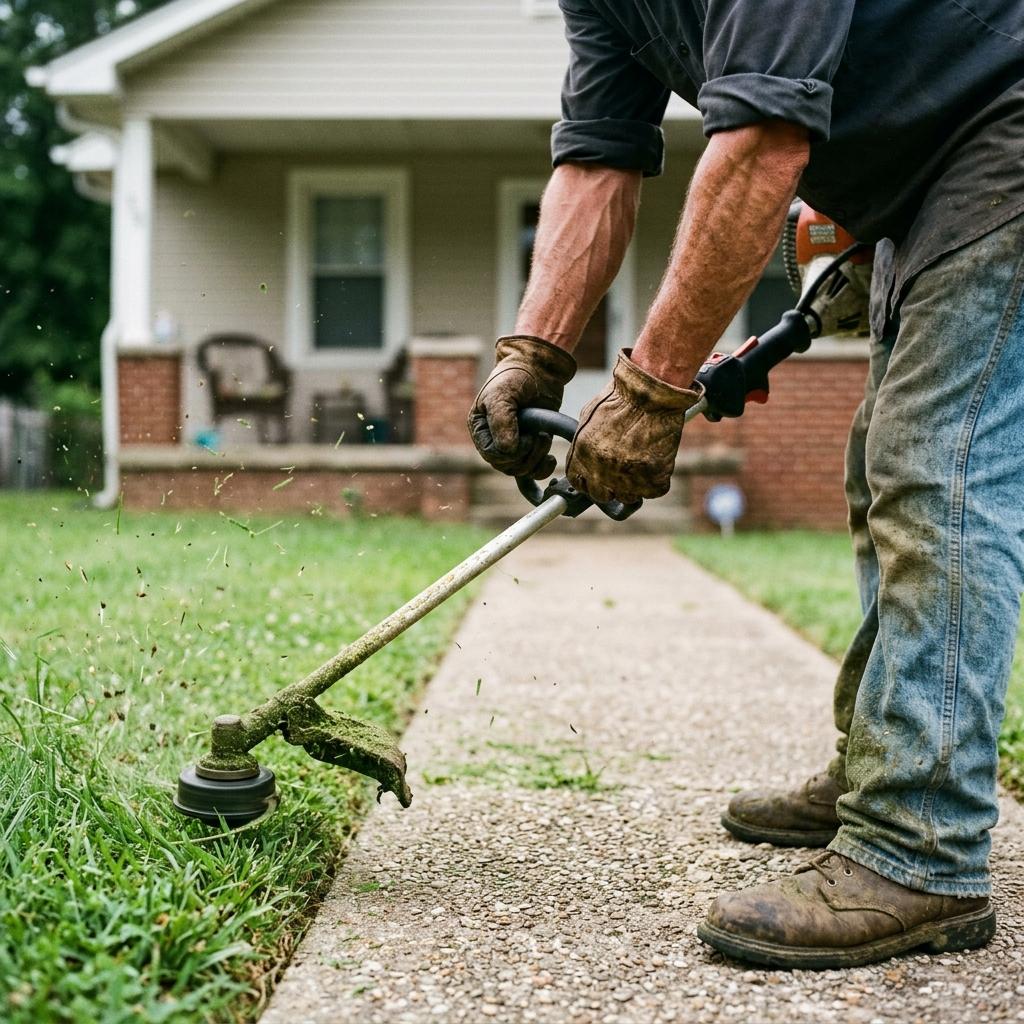 String trimming a lawn edge along a walkway
