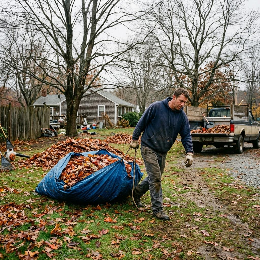 Raking and bagging leaves during a fall cleanup