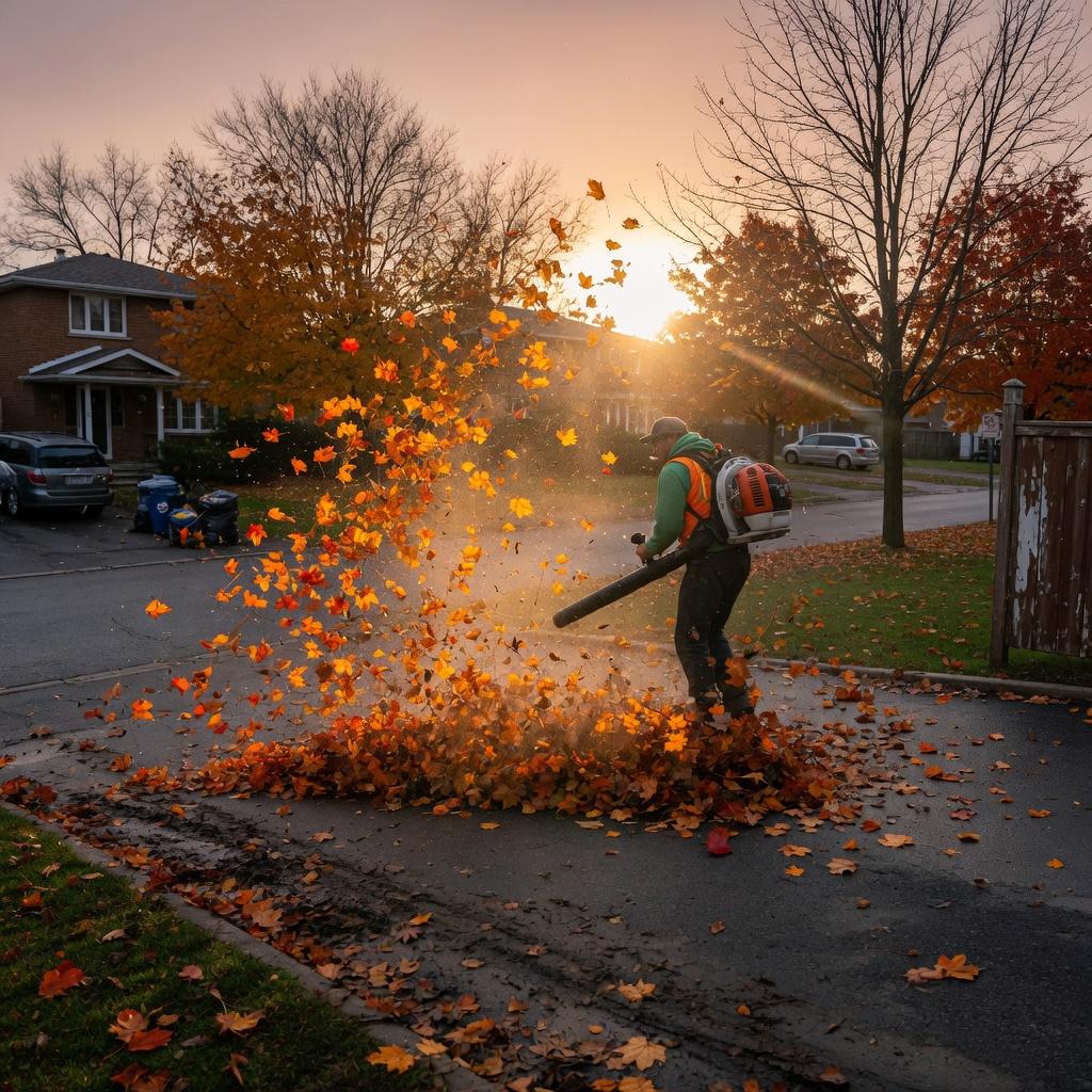 Fall leaf removal on a residential lawn