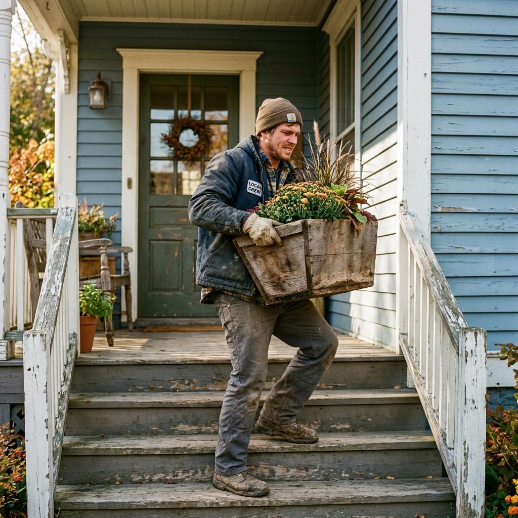 Carrying an oversized seasonal planter onto a front porch