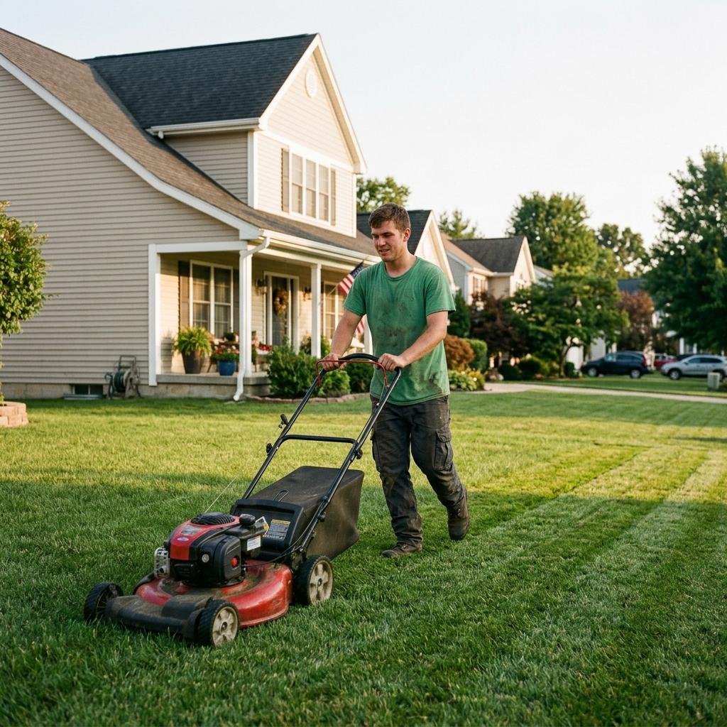 Outdoor Company crew mowing the front lawn of a detached home in Carleton Place