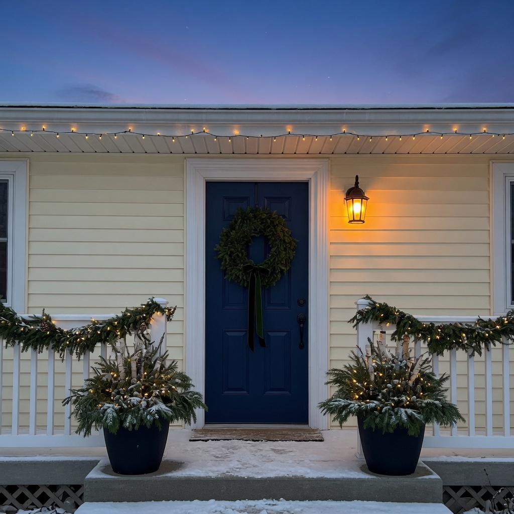 Front entrance with holiday garland and warm lighting