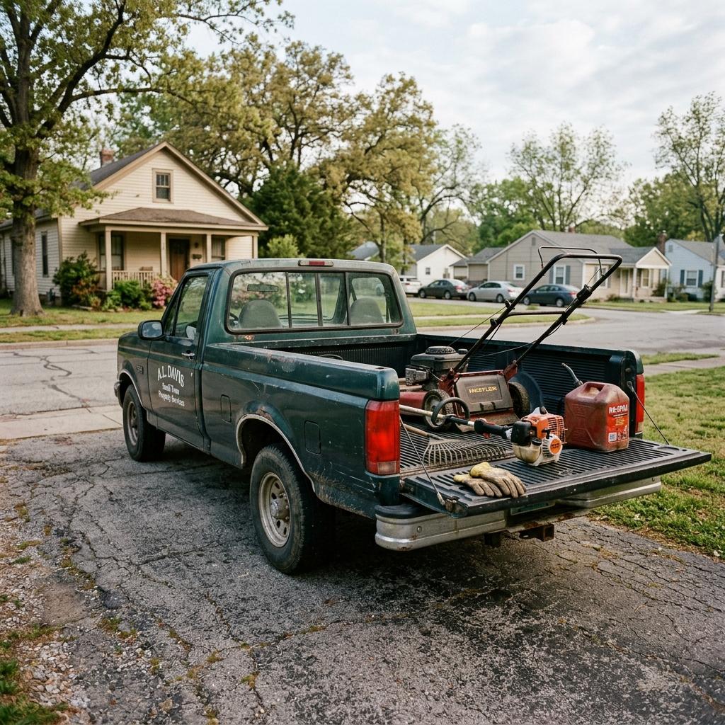 Work truck and tools staged on a residential driveway