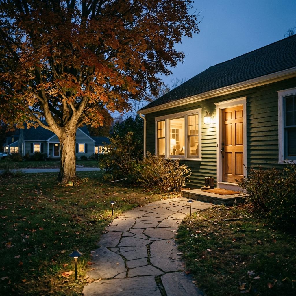 Warm landscape lighting on a modern suburban entrance at dusk