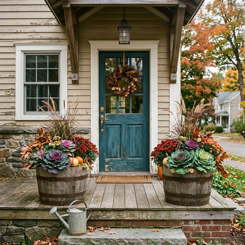 Seasonal planters flanking a front entrance
