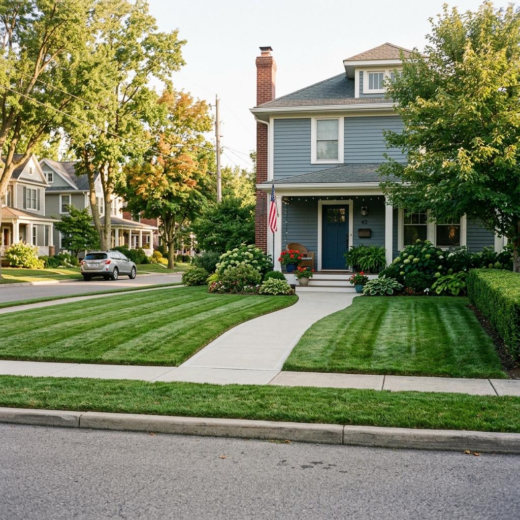 Freshly cut lawn with clean mow lines at the front of a house