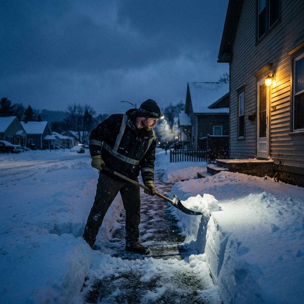 Clearing fresh snow from a residential walkway before sunrise